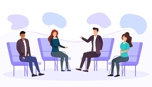 Group therapy addiction treatment concept with four diverse people sitting having an open discussion in a mutual support program, colored vector illustration