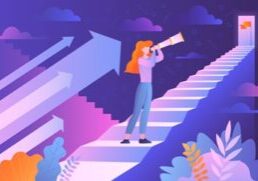 Motivation and inspiration concept. A girl with a telescope in her hands climbs the stairs, symbolizing the path to the goal and success. Flat cartoon vector illustration.