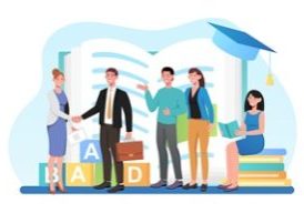Male teacher is shaking hands surrounded with smiling colleagues. Profesor standing in front of school or college workers. Concept of education and knowledge. Flat cartoon vector illustration
