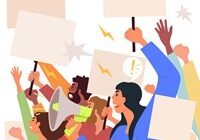 People protesting concept. Female character with megaphone shouts slogan and demand. People with banners and posters at authorized rally. Cartoon flat vector illustration isolated on white background