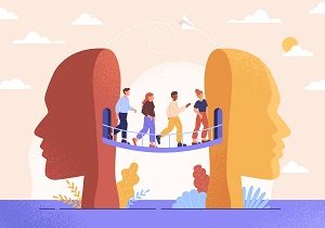 Changing mind thoughts and switch sides for opinion concept. Confused men and women can not make decisions and walk across bridge between halves of head. Cartoon modern flat vector illustration