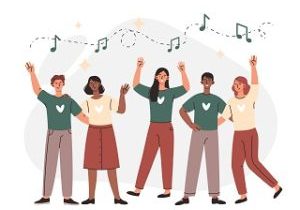 Group of people dancing and having fun concept. Young men and women smile, listen to popular music and move. Party or celebration. Loud melody or track. Cartoon modern flat vector illustration.